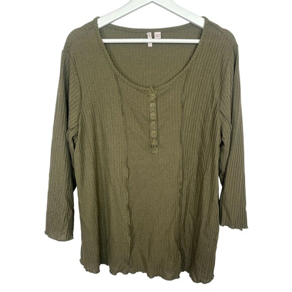 Cato 2X Green Waffle Knit Henley Shirt Plus Size Stretch Top 3/4 Sleeve - Picture 1 of 11